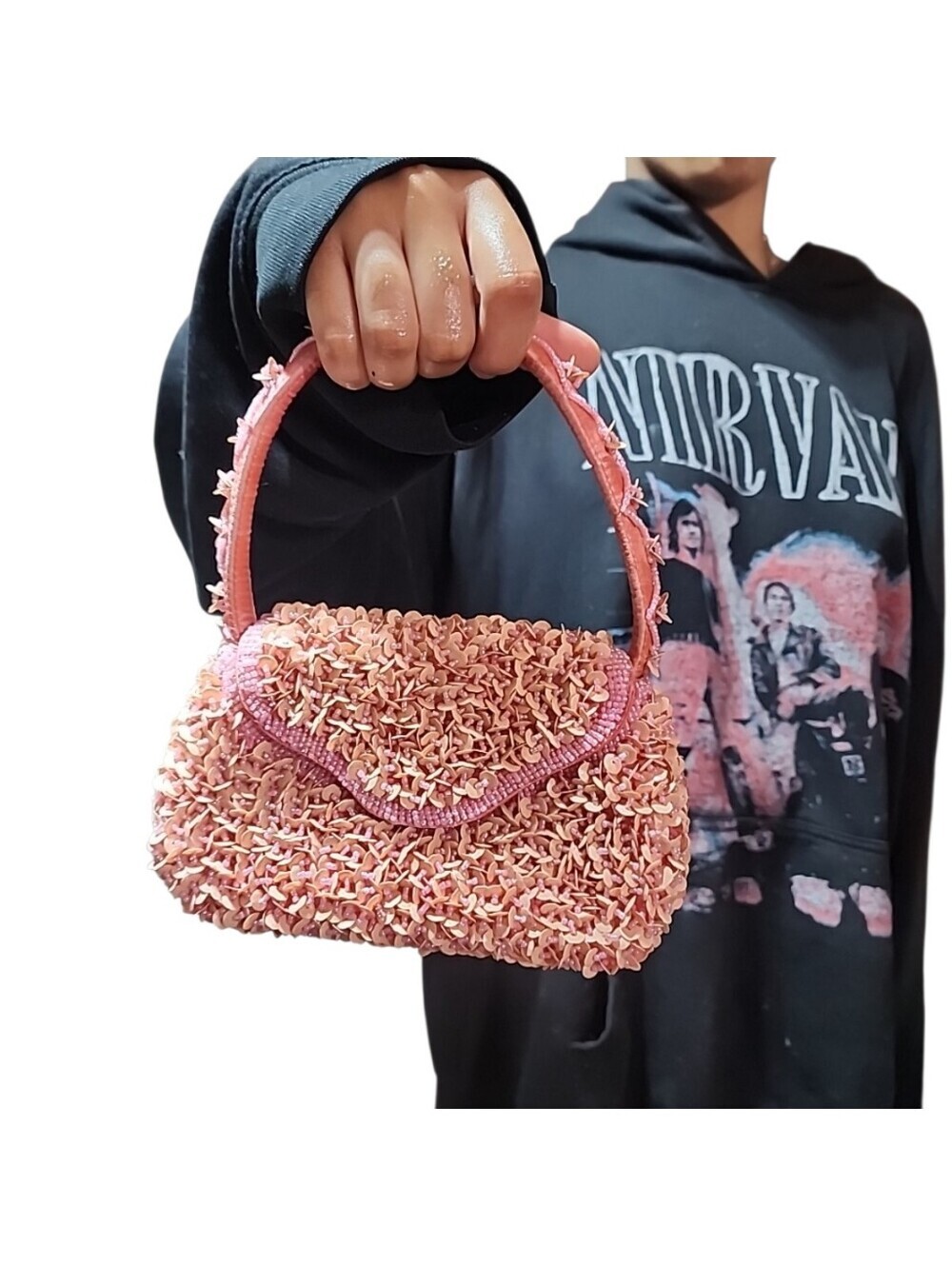 Pink Vintage Beaded & Sequin Mini Shoulder Bag | Y2K Glam Party Purse - Picture 5 of 9